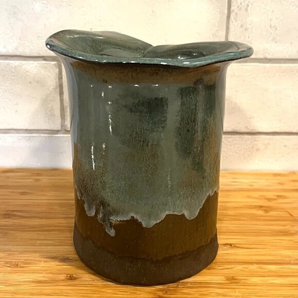 Signed Handmade Studio Art Pottery Vase with Drip Glaze Unique Green Brown - Picture 5 of 11